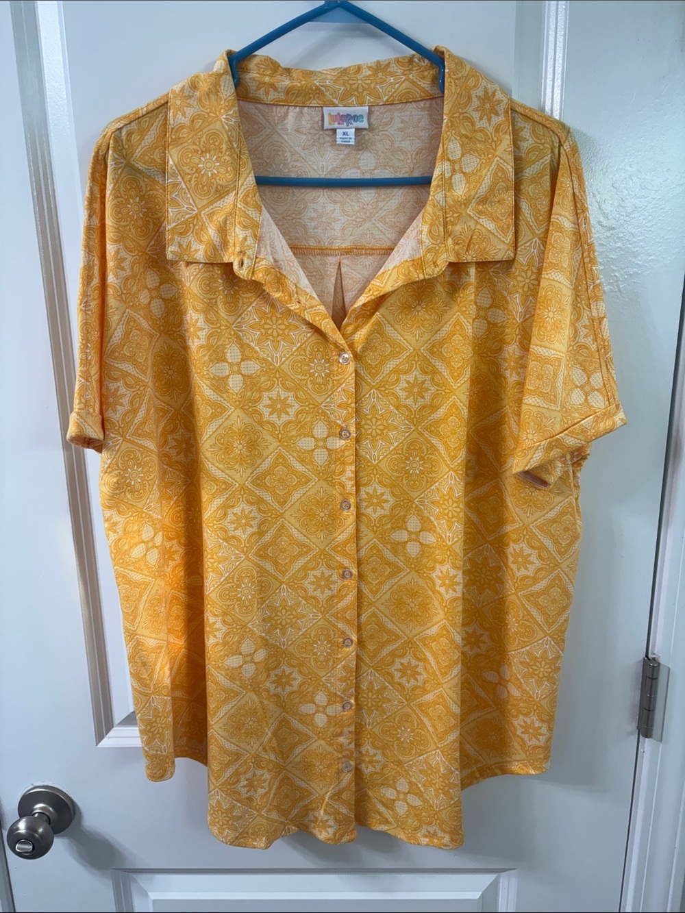 LuLaRoe Yellow Printed Short Sleeve Button-Up Blouse